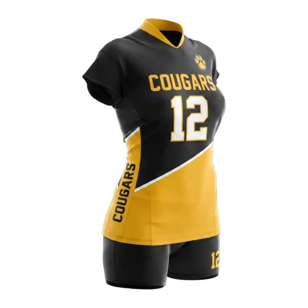 Custom volleyball uniform - Cougars diagonal split body design in black, jersey and matching shorts, design code CAP-VB-114