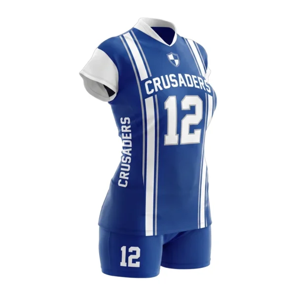 Custom volleyball uniform - Crusaders twin racing stripes design in royal blue, jersey and matching shorts, design code CAP-VB-119