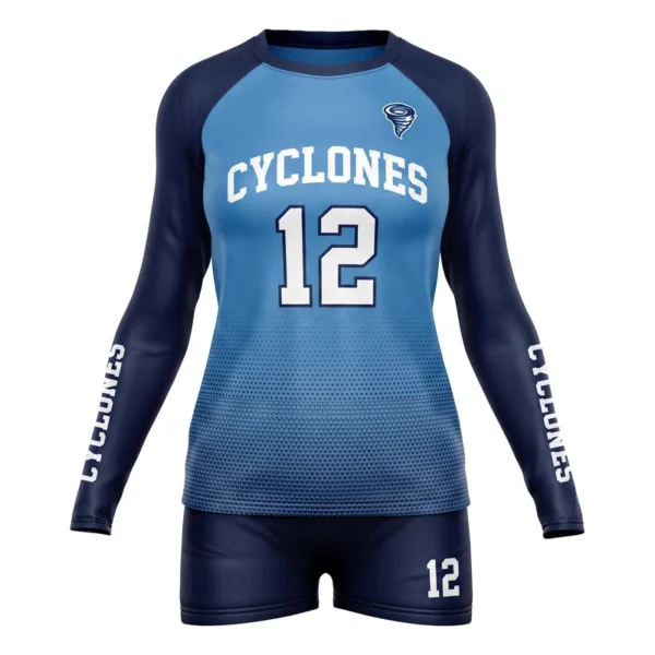 Custom volleyball uniform - Cyclones mesh fade, raglan sleeves design in columbia blue, jersey and matching shorts, design code CAP-VBL-101