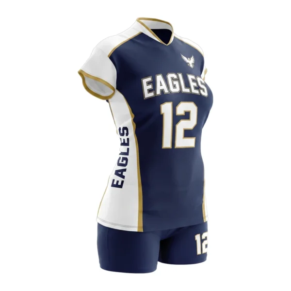 Custom volleyball uniform - Eagles classic contrast sleeve and side panel design in navy, jersey and matching shorts, design code CAP-VB-100