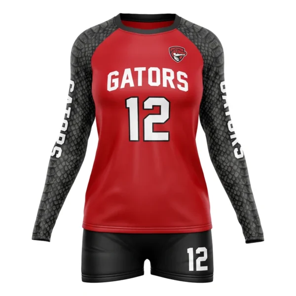 Custom volleyball uniform - Gators reptile texture sleeves design in scarlet red, jersey and matching shorts, design code CAP-VBL-108
