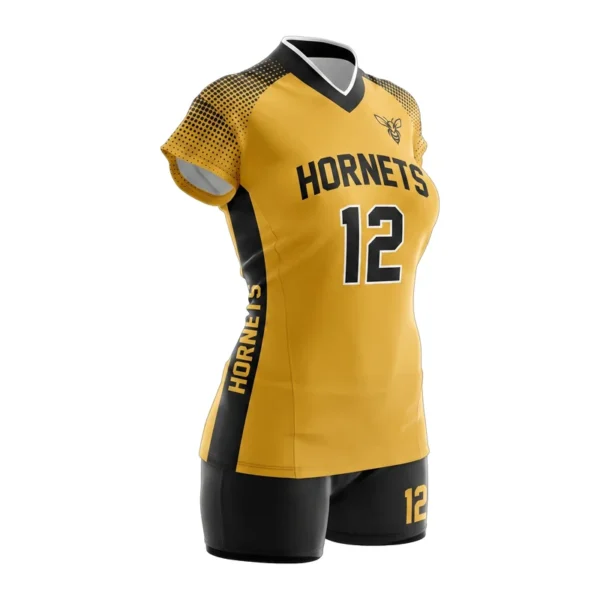 Custom volleyball uniform - Hornets halftone dot fade sleeves design in athletic gold, jersey and matching shorts, design code CAP-VB-105