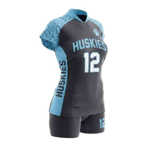 Custom volleyball uniform - Huskies crackle texture sleeves design in charcoal, jersey and matching shorts, design code CAP-VB-117