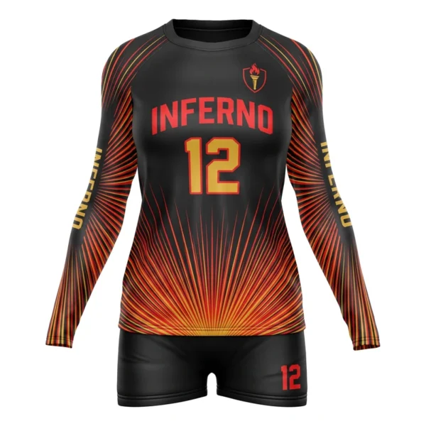 Custom volleyball uniform - Inferno radiating rays design in black, jersey and matching shorts, design code CAP-VBL-122