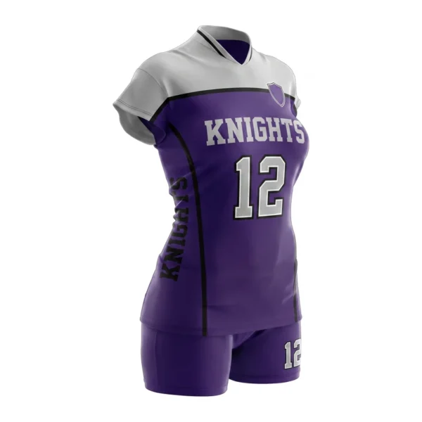 Custom volleyball uniform - Knights two-tone yoke with piping design in deep purple, jersey and matching shorts, design code CAP-VB-123