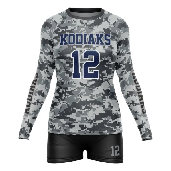 Custom volleyball uniform - Kodiaks all-over camo design in storm grey, jersey and matching shorts, design code CAP-VBL-102