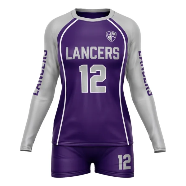 Custom volleyball uniform - Lancers two-tone raglan with piping design in deep purple, jersey and matching shorts, design code CAP-VBL-112