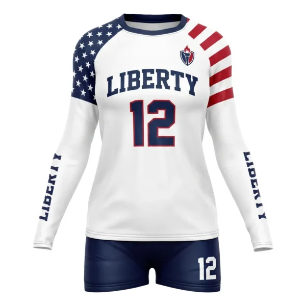 Custom volleyball uniform - Liberty stars and stripes yoke design in white, jersey and matching shorts, design code CAP-VBL-110