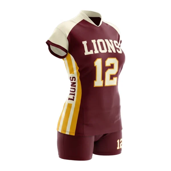 Custom volleyball uniform - Lions bold triple stripe design in deep maroon, jersey and matching shorts, design code CAP-VB-106