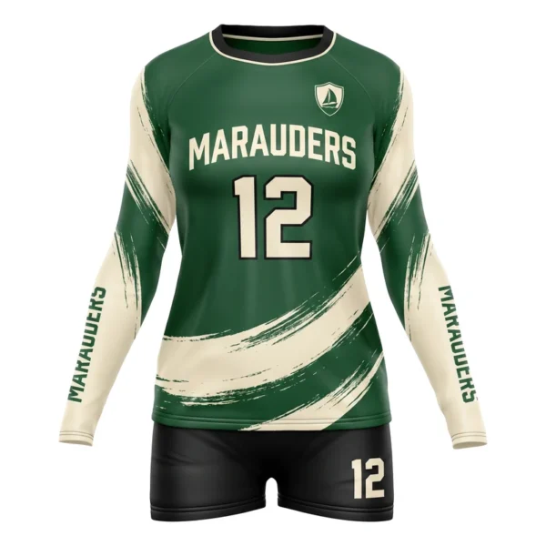 Custom volleyball uniform - Marauders brushstroke sweeps design in forest green, jersey and matching shorts, design code CAP-VBL-123