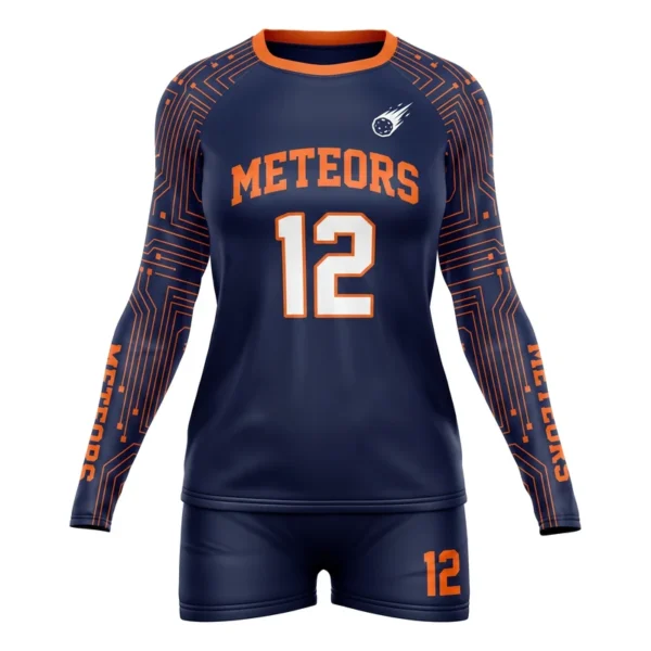 Custom volleyball uniform - Meteors circuit lines design in navy, jersey and matching shorts, design code CAP-VBL-120