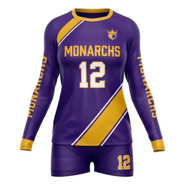Custom volleyball uniform - Monarchs chest sash design in royal purple, jersey and matching shorts, design code CAP-VBL-117