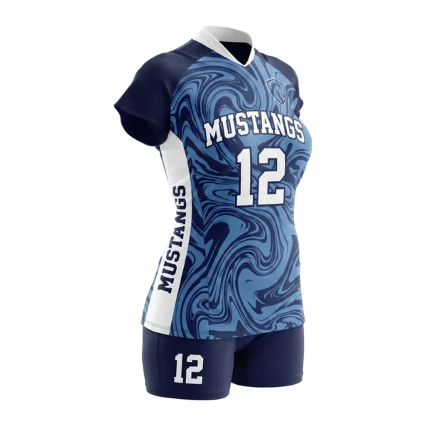 Custom volleyball uniform - Mustangs marbled body design in navy, jersey and matching shorts, design code CAP-VB-113