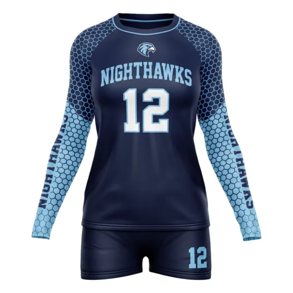 Custom volleyball uniform - Nighthawks honeycomb sleeve fill design in midnight navy, jersey and matching shorts, design code CAP-VBL-113