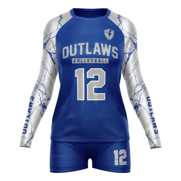 Custom volleyball uniform - Outlaws marbled sleeves design in royal blue, jersey and matching shorts, design code CAP-VBL-106