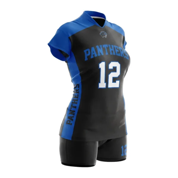 Custom volleyball uniform - Panthers angled shoulder block design in charcoal, jersey and matching shorts, design code CAP-VB-107
