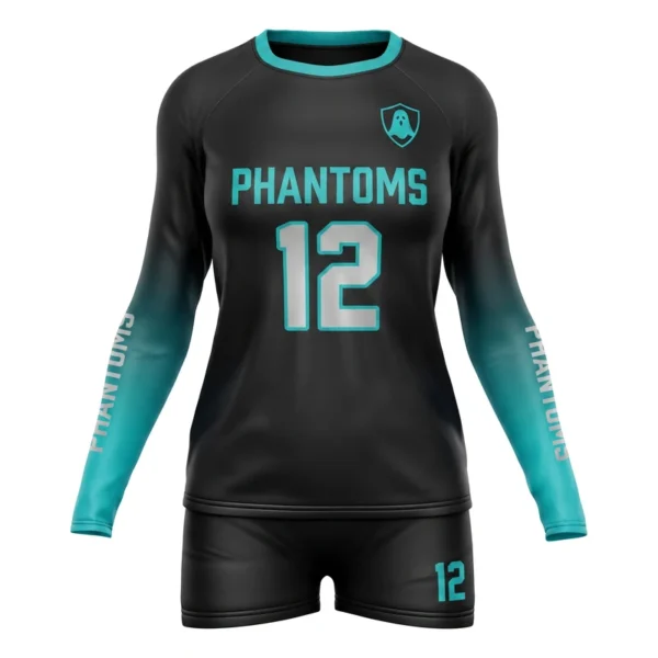 Custom volleyball uniform - Phantoms ombre sleeves design in black, jersey and matching shorts, design code CAP-VBL-118