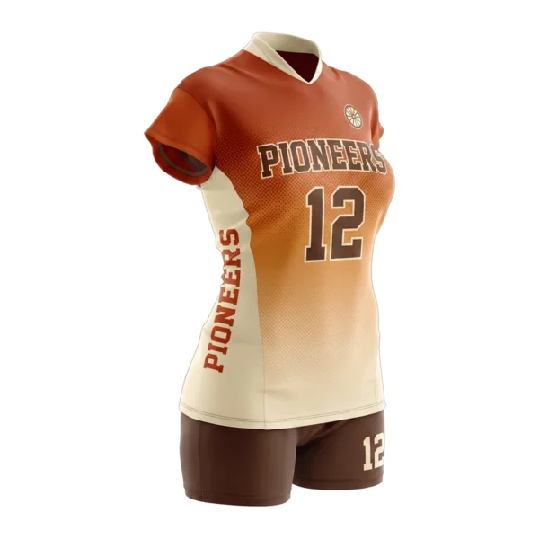 Custom volleyball uniform - Pioneers dot-textured colour fade design in burnt orange, jersey and matching shorts, design code CAP-VB-120