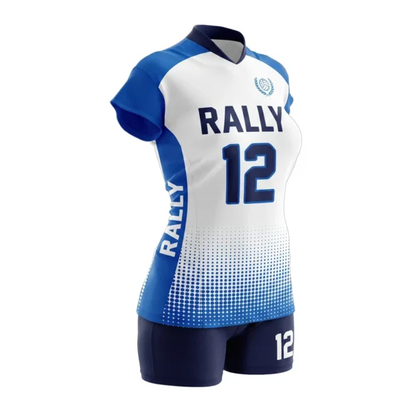Custom volleyball uniform - Rally halftone rise design in white, jersey and matching shorts, design code CAP-VB-124