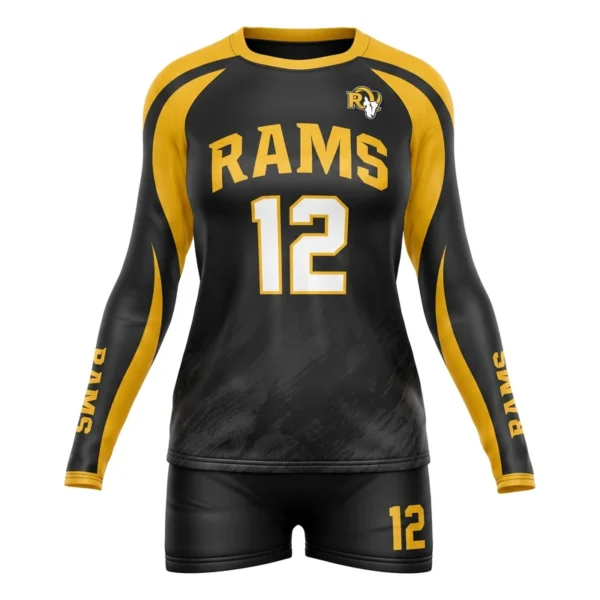 Custom volleyball uniform - Rams gold shoulder sweeps design in black, jersey and matching shorts, design code CAP-VBL-109
