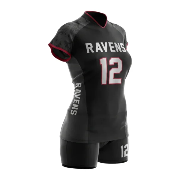 Custom volleyball uniform - Ravens blackout, tonal marble sleeves design in black, jersey and matching shorts, design code CAP-VB-108