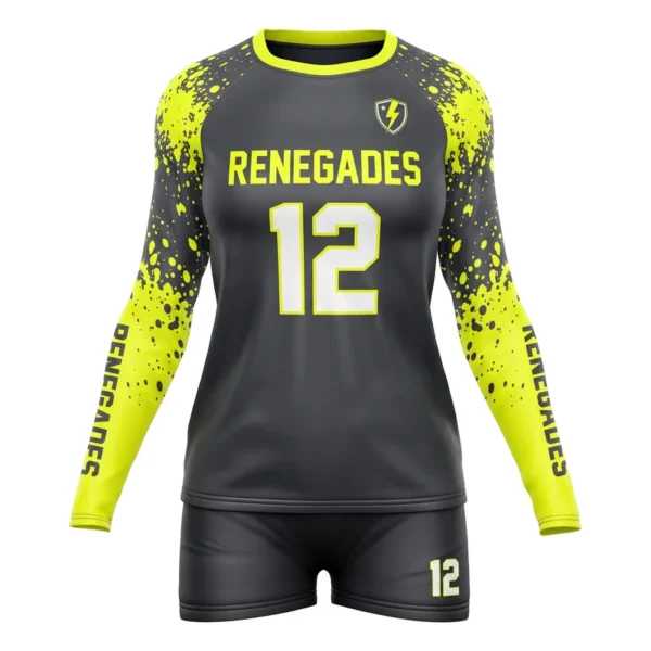 Custom volleyball uniform - Renegades paint splatter sleeves design in charcoal, jersey and matching shorts, design code CAP-VBL-116