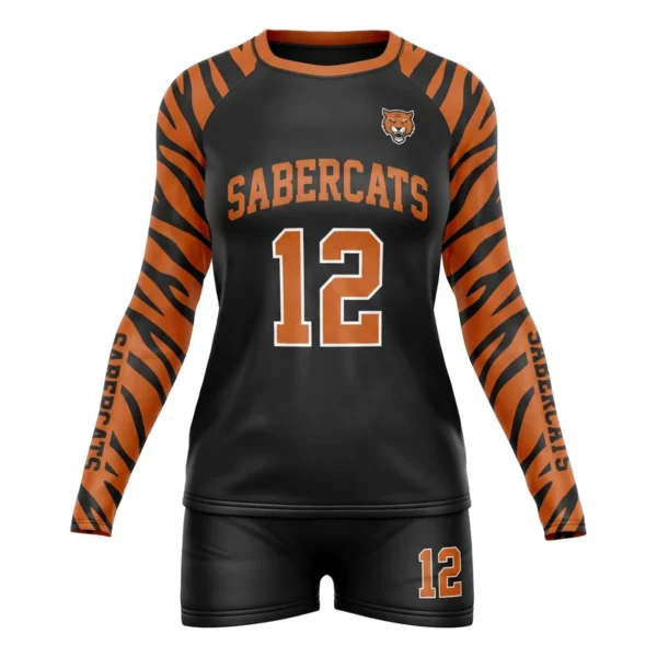 Custom volleyball uniform - Sabercats animal stripe sleeves design in black, jersey and matching shorts, design code CAP-VBL-114