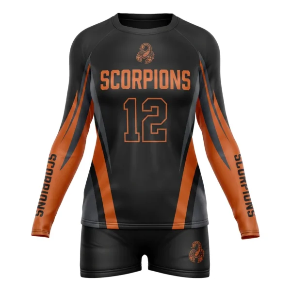 Custom volleyball uniform - Scorpions orange sweeps design in black, jersey and matching shorts, design code CAP-VBL-107