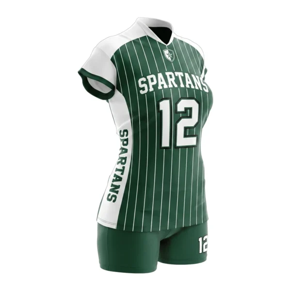 Custom volleyball uniform - Spartans pinstripe body design in forest green, jersey and matching shorts, design code CAP-VB-116