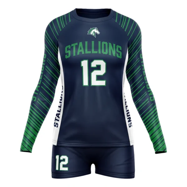 Custom volleyball uniform - Stallions sleeve line groups design in midnight navy, jersey and matching shorts, design code CAP-VBL-103