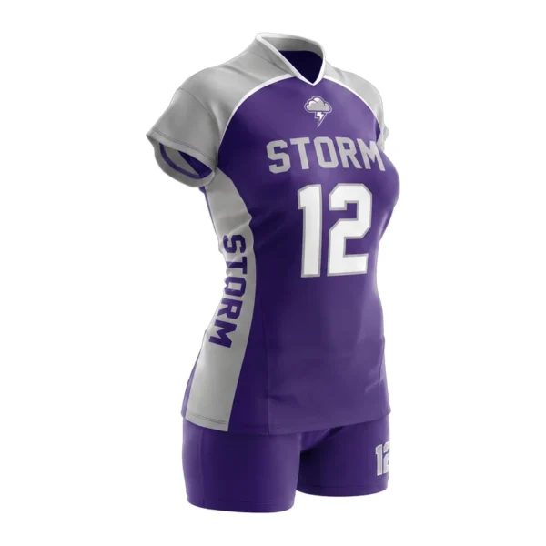 Custom volleyball uniform - Storm curved shoulder yoke design in royal purple, jersey and matching shorts, design code CAP-VB-102