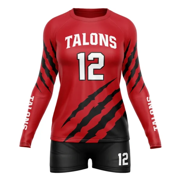 Custom volleyball uniform - Talons claw slash design in scarlet red, jersey and matching shorts, design code CAP-VBL-100