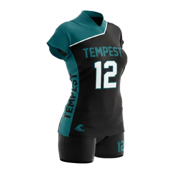 Custom volleyball uniform - Tempest asymmetric shoulder block design in black, jersey and matching shorts, design code CAP-VB-125