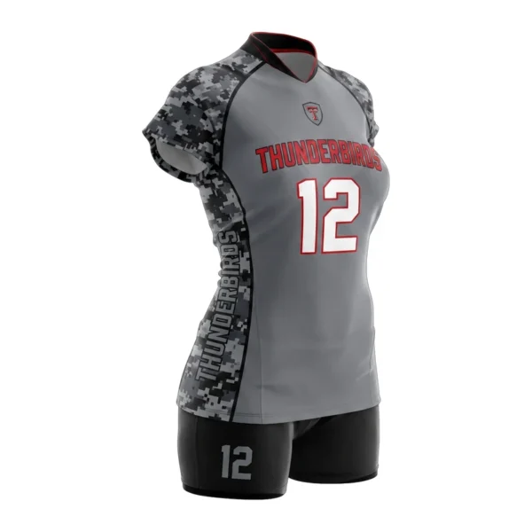 Custom volleyball uniform - Thunderbirds camo sleeves and panels design in storm grey, jersey and matching shorts, design code CAP-VB-115
