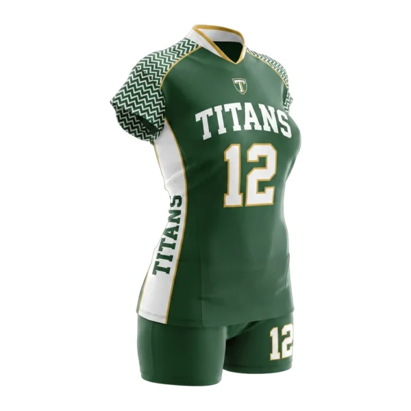 Custom volleyball uniform - Titans chevron sleeve fill design in forest green, jersey and matching shorts, design code CAP-VB-110