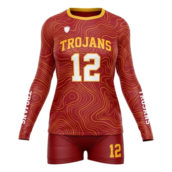 Custom volleyball uniform - Trojans topographic contour lines design in cardinal red, jersey and matching shorts, design code CAP-VBL-115