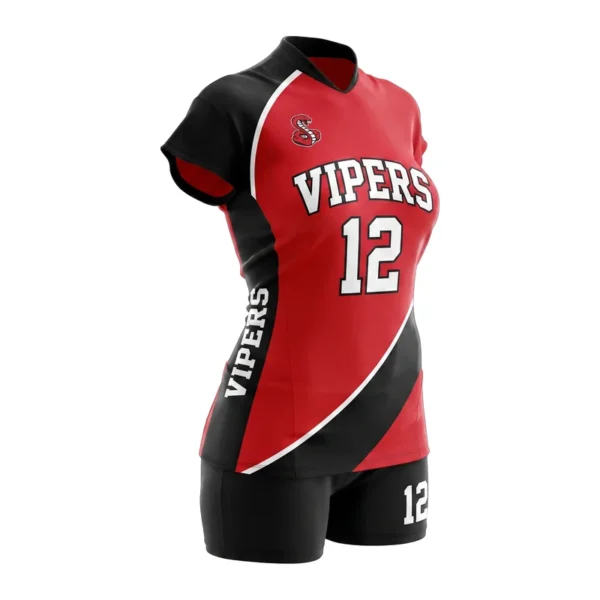 Custom volleyball uniform - Vipers angular sweep design in scarlet red, jersey and matching shorts, design code CAP-VB-103