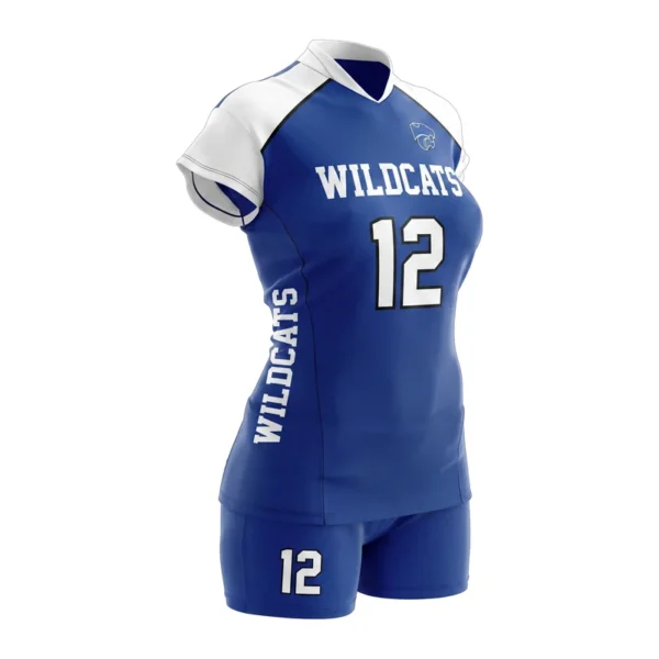Custom volleyball uniform - Wildcats split shoulder, clean body design in royal blue, jersey and matching shorts, design code CAP-VB-112