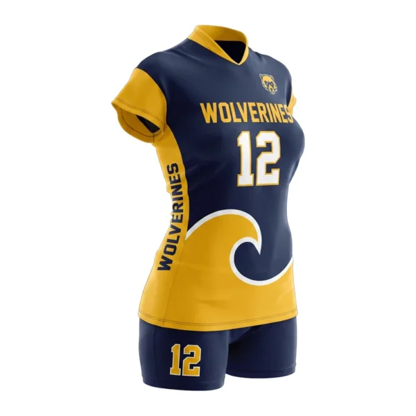 Custom volleyball uniform - Wolverines wave hem graphic design in midnight navy, jersey and matching shorts, design code CAP-VB-122
