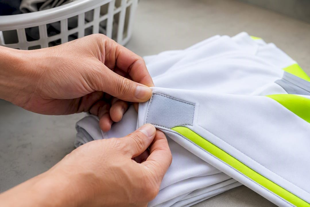 Hands inspecting sewn patch stitching