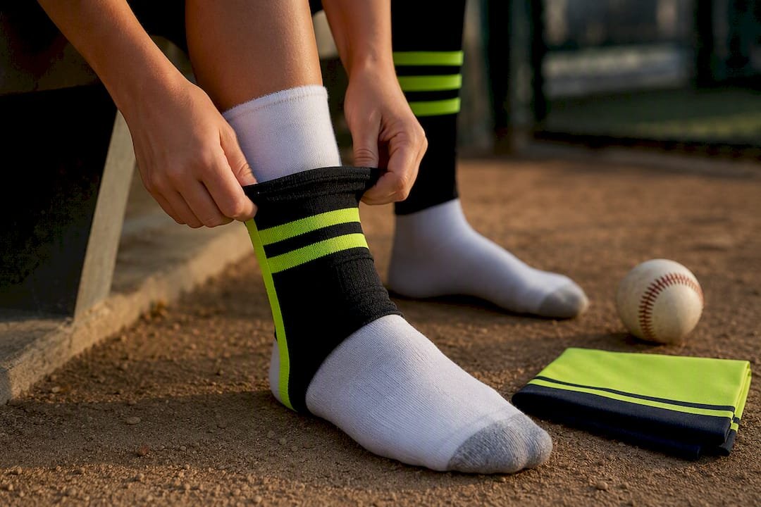 Hands layering a stirrup over sanitary sock