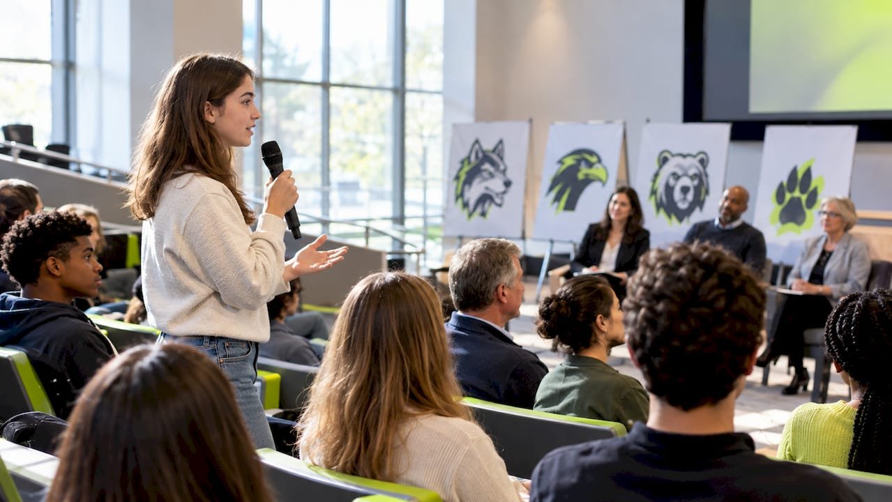 Community forum discussing school mascot ideas