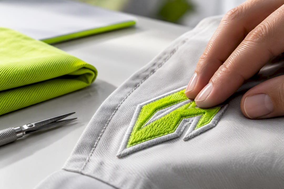 Fingers feeling raised embroidered stitching