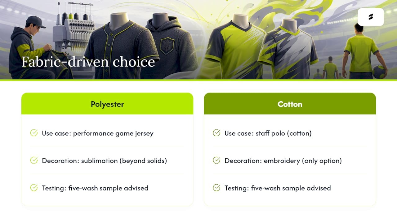 Fabric-based choice between sublimation and embroidery