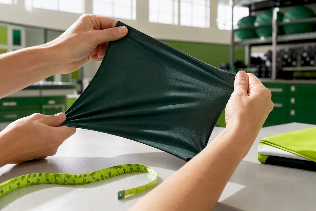 Hands testing four way stretch fabric