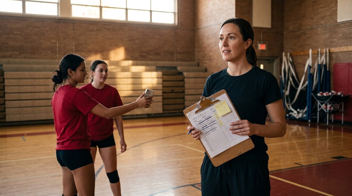 Coach collecting uniform sizes on a paper sign-up sheet after practice