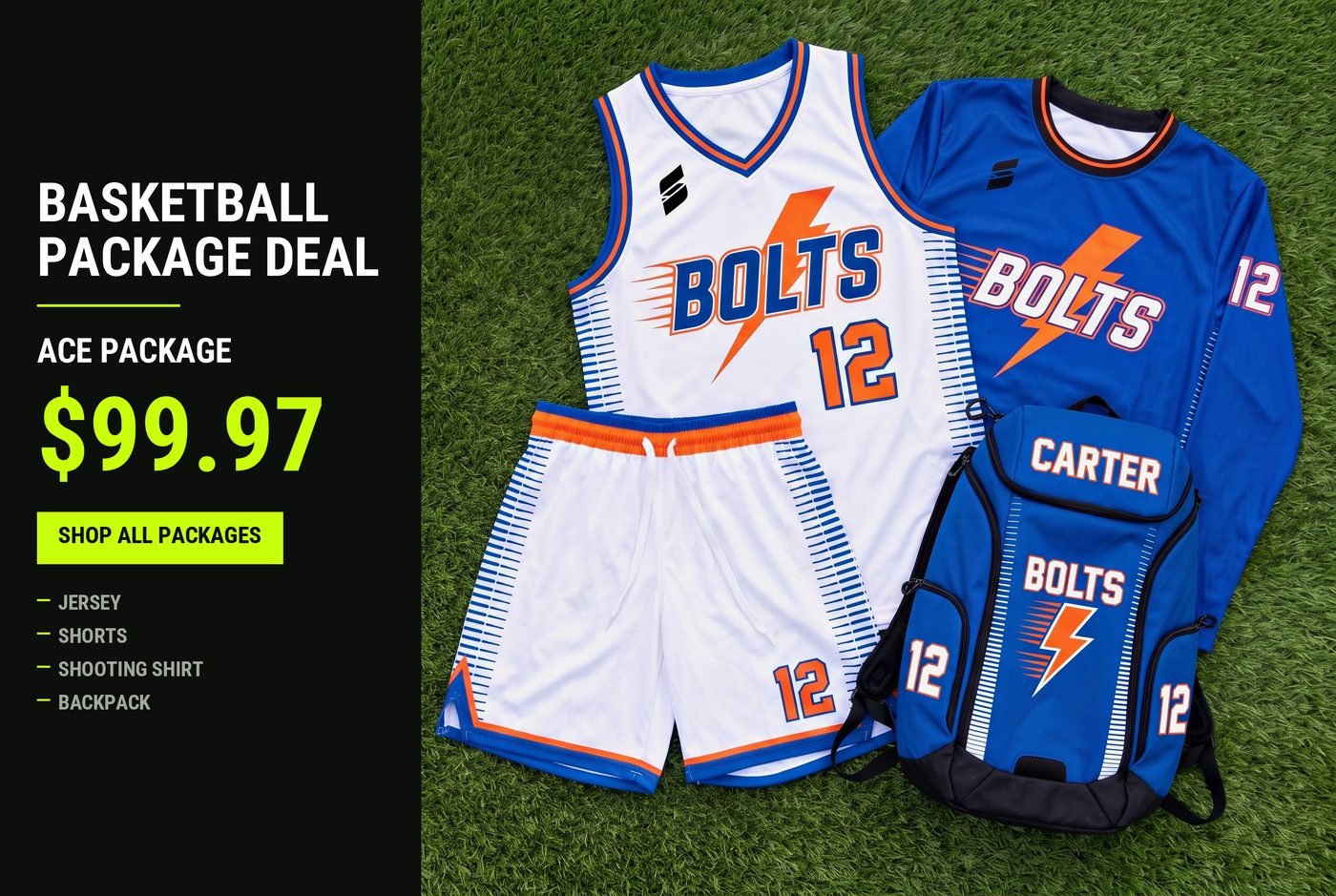 Custom basketball team uniform package on turf - sublimated jersey and shorts, long sleeve shooting shirt and matching team backpack, Capra Sports Ace package from 99.97 dollars per player