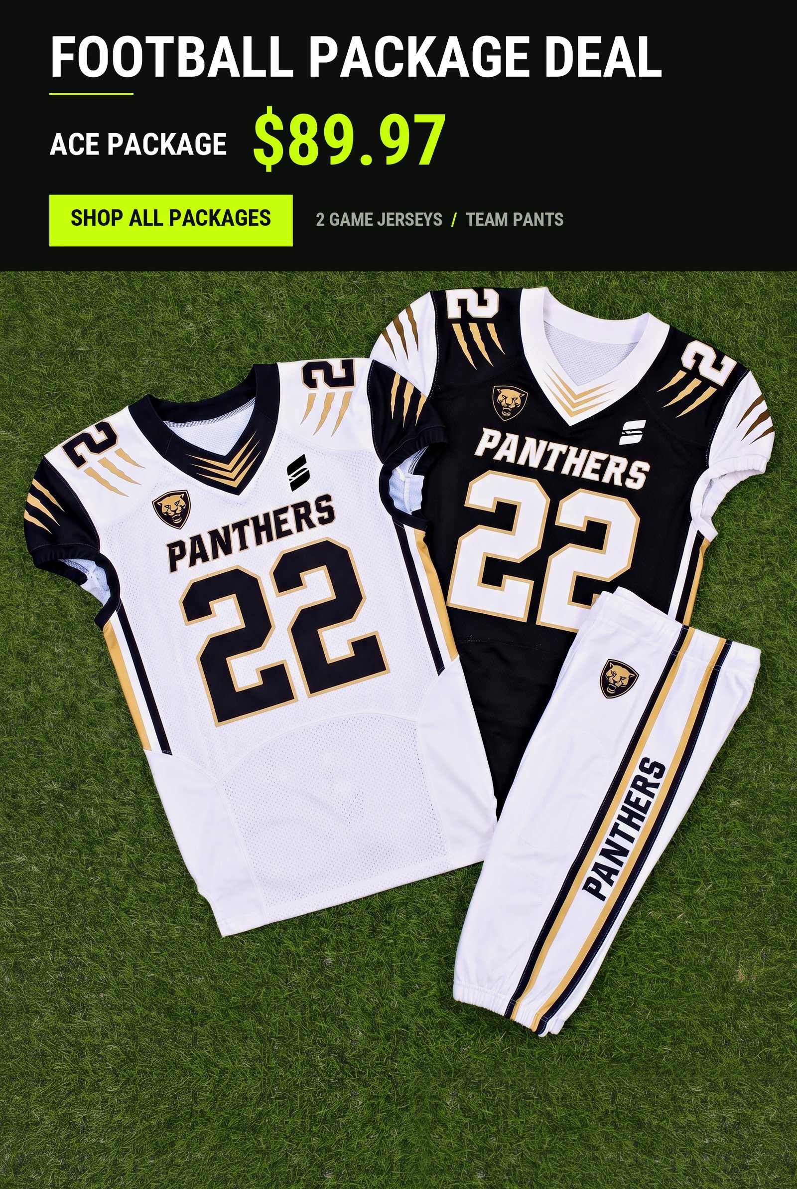 Custom football team uniform package on turf - home and away sublimated jerseys with matching white team pants, Capra Sports Ace package from 89.97 dollars per player