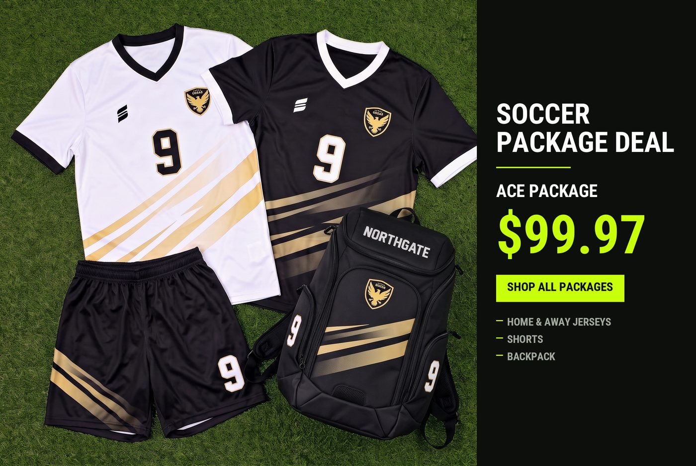 Custom soccer team uniform package on turf - home and away sublimated jerseys, shorts and matching team backpack, Capra Sports Ace package from 99.97 dollars per player