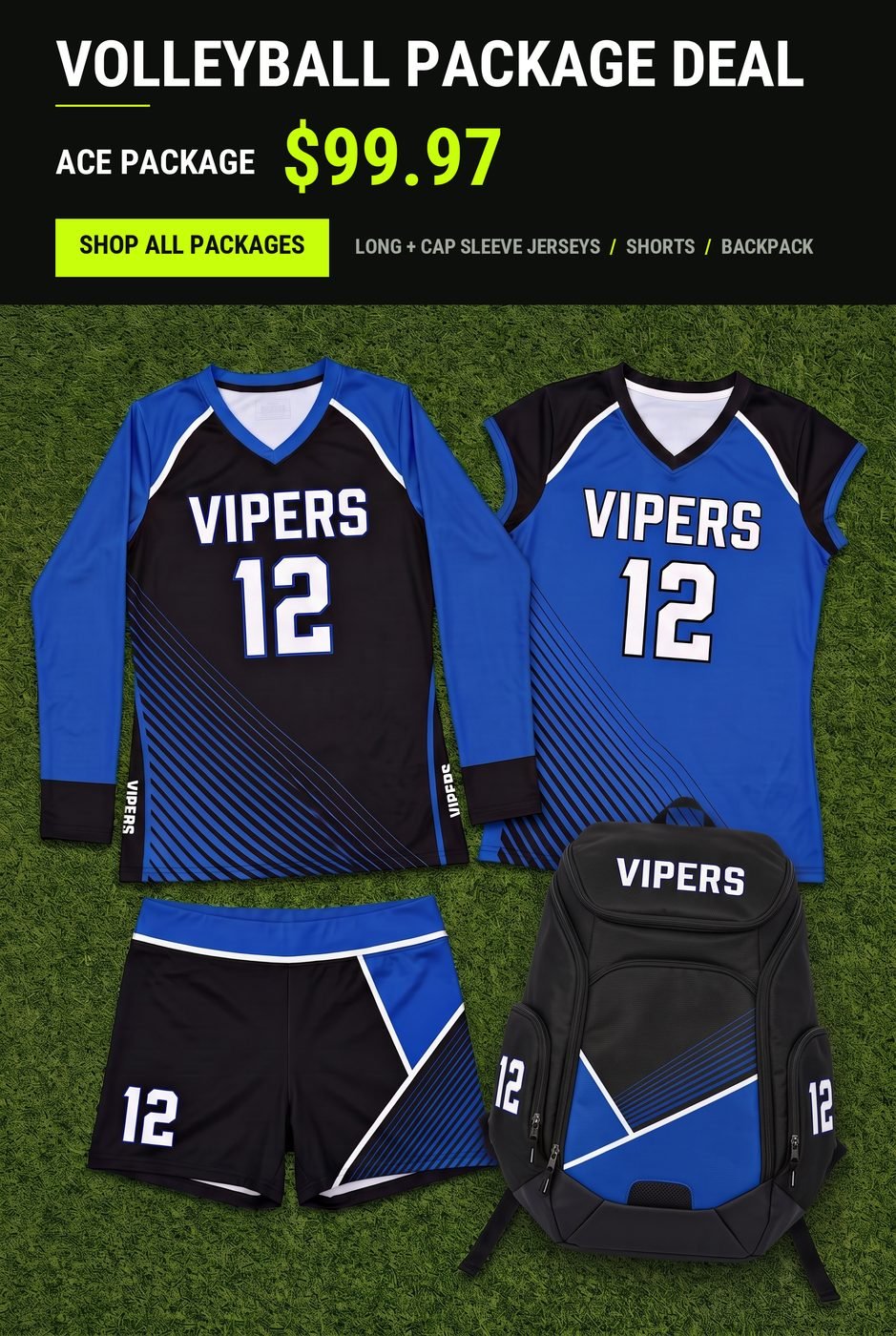 Custom volleyball team uniform package on turf - long sleeve and cap sleeve sublimated jerseys, spandex shorts and matching team backpack, Capra Sports Ace package from 99.97 dollars per player